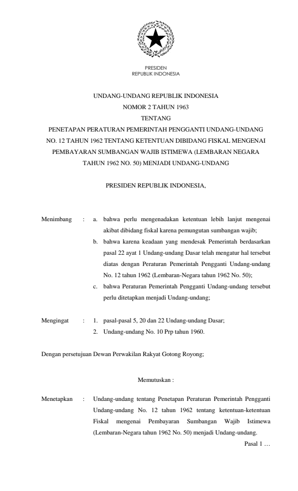 Undang-Undang Nomor 2 Tahun 1963