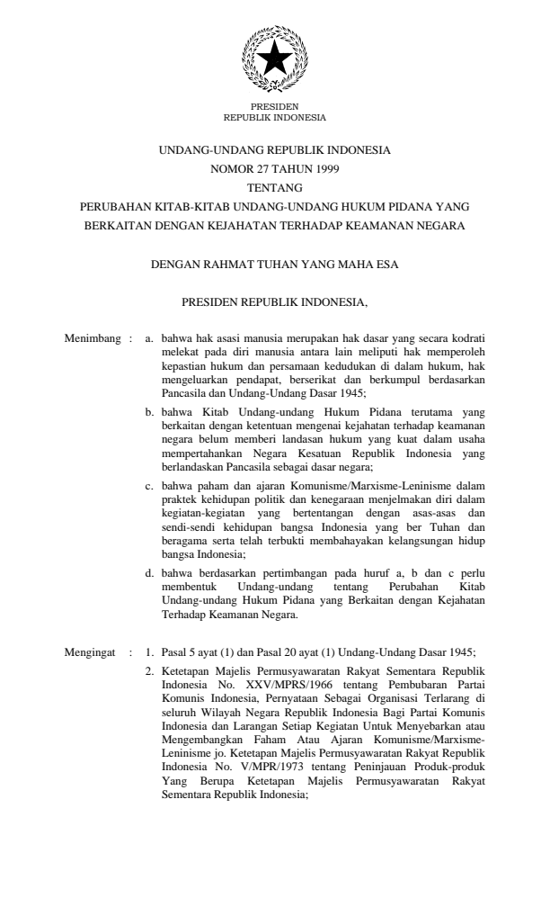 Undang-Undang Nomor 27 Tahun 1999