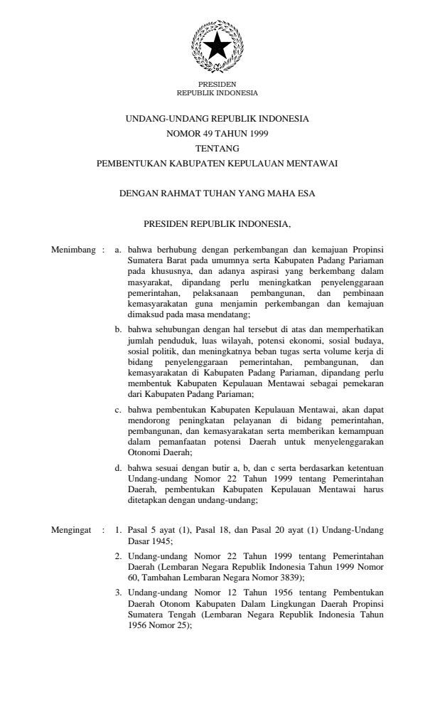 Undang-Undang Nomor 49 Tahun 1999