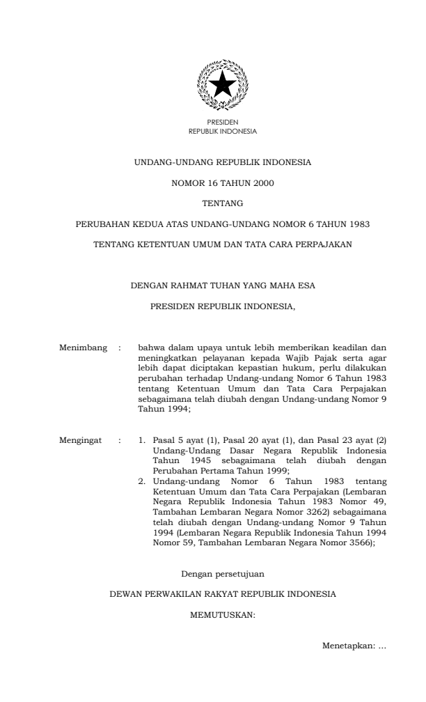 Undang-Undang Nomor 16 Tahun 2000