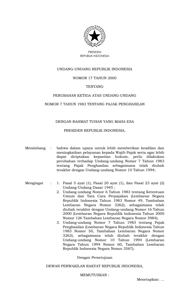 Undang-Undang Nomor 17 Tahun 2000