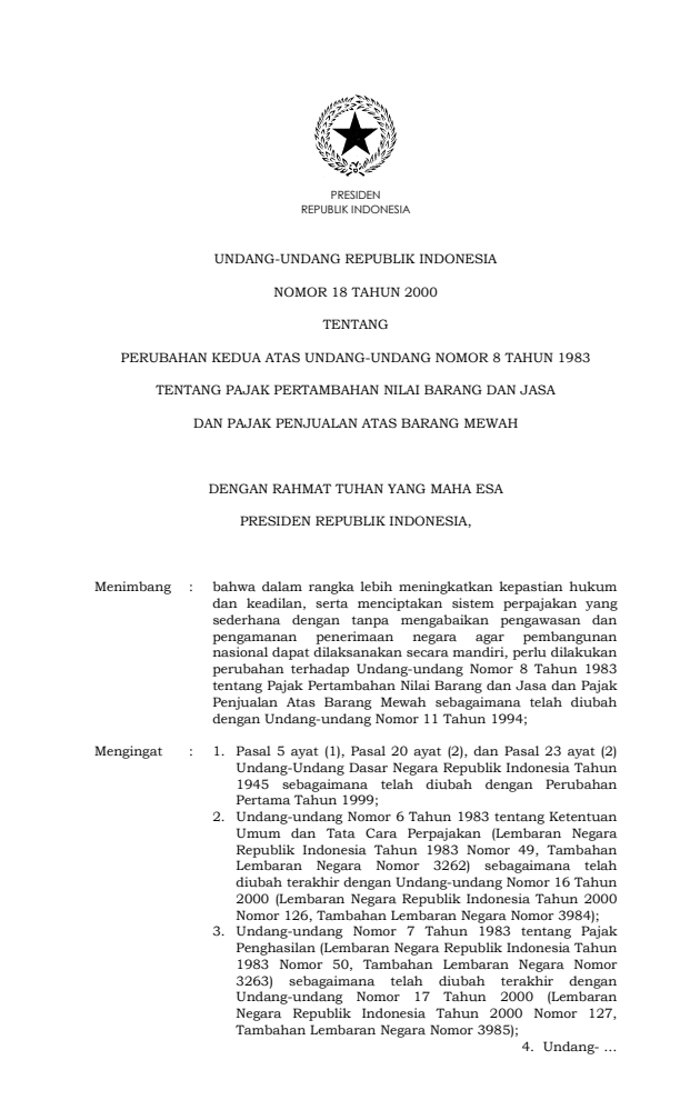 Undang-Undang Nomor 18 Tahun 2000