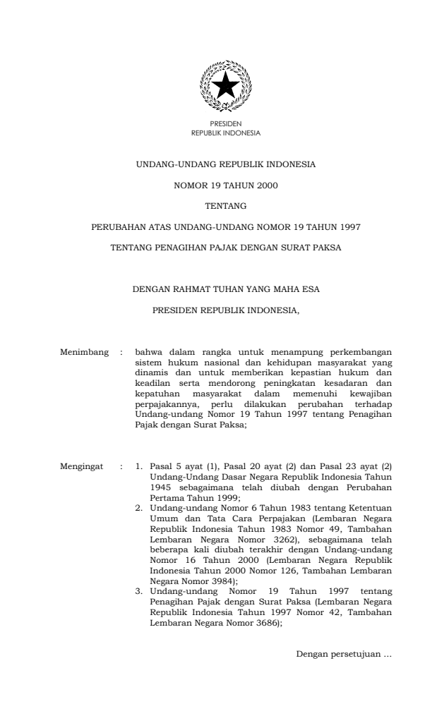 Undang-Undang Nomor 19 Tahun 2000