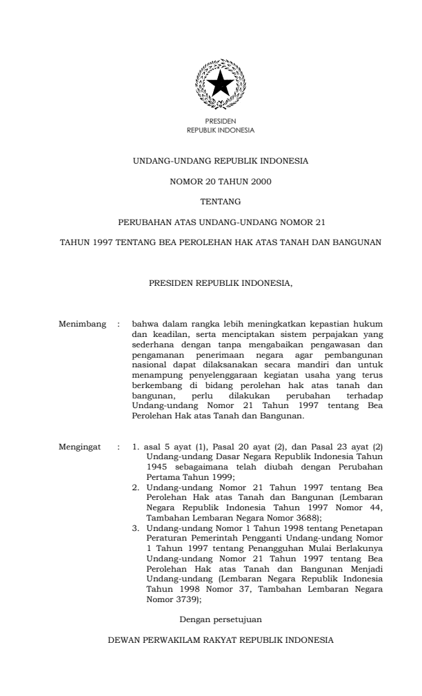 Undang-Undang Nomor 20 Tahun 2000