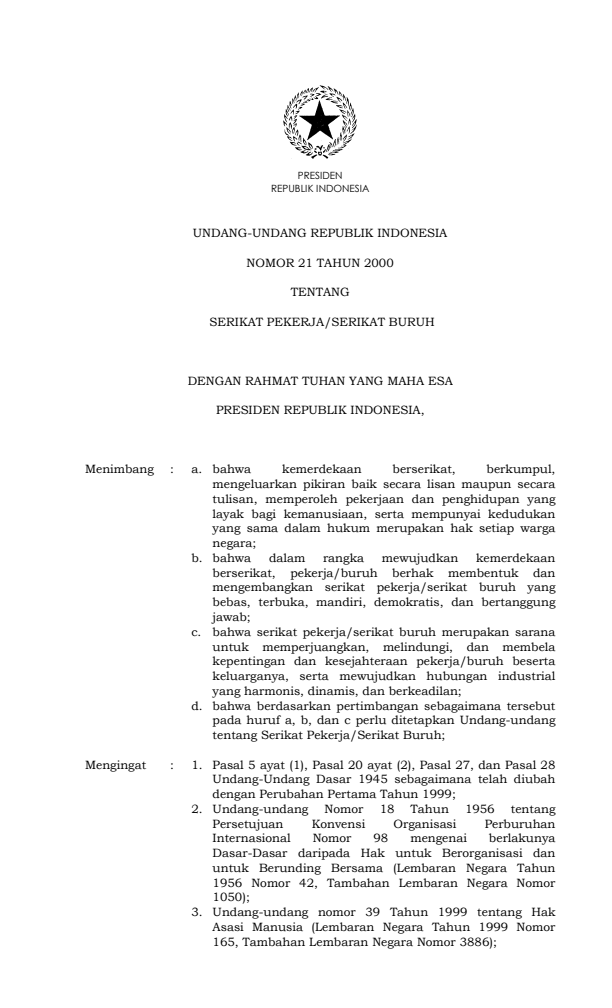 Undang-Undang Nomor 21 Tahun 2000