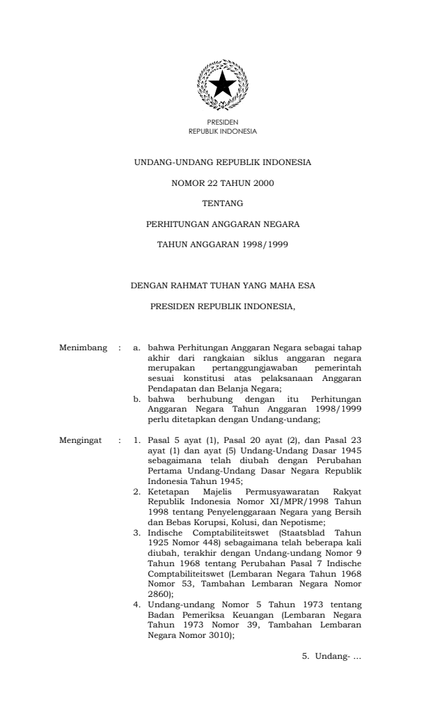 Undang-Undang Nomor 22 Tahun 2000