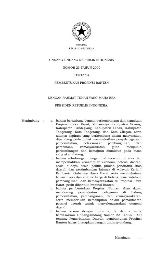 Undang-Undang Nomor 23 Tahun 2000