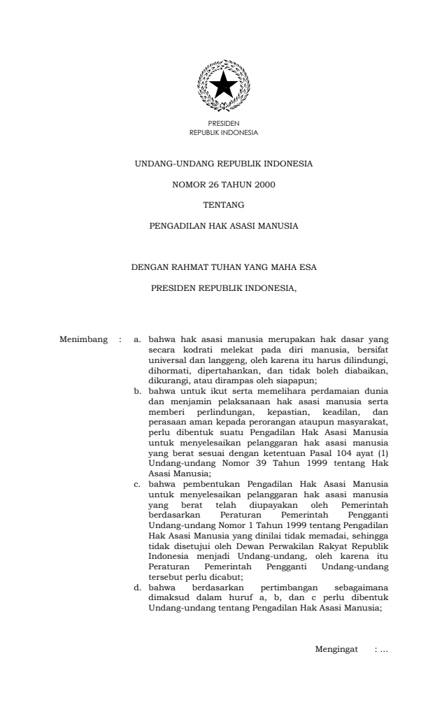 Undang-Undang Nomor 26 Tahun 2000