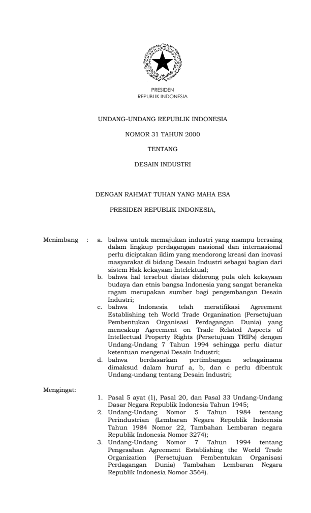 Undang-Undang Nomor 31 Tahun 2000