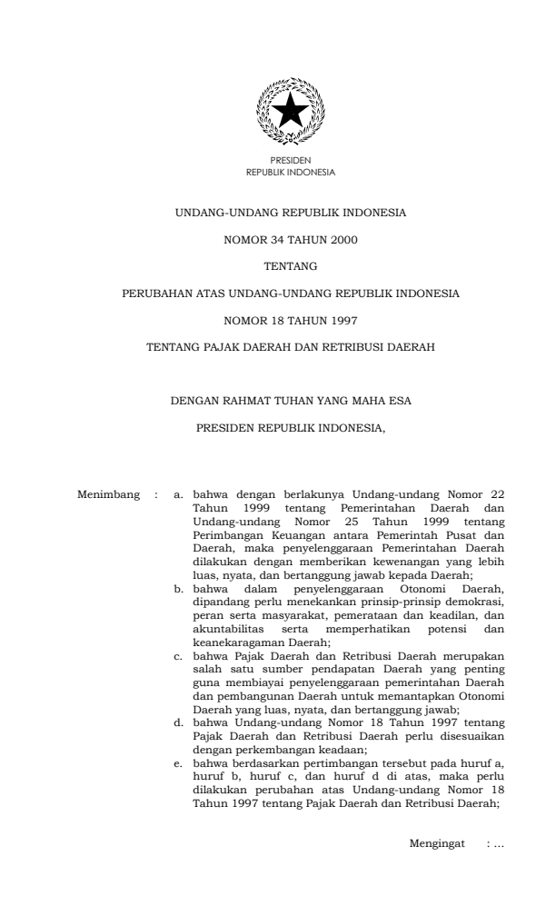 Undang-Undang Nomor 34 Tahun 2000