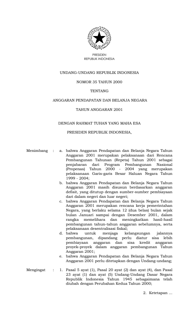 Undang-Undang Nomor 35 Tahun 2000