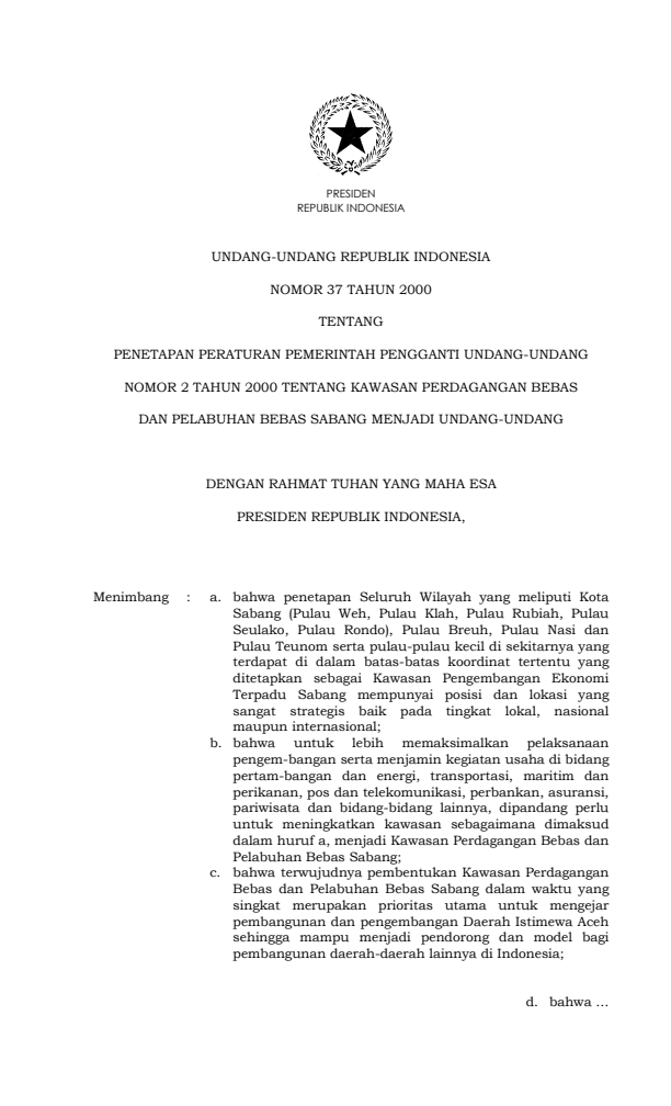 Undang-Undang Nomor 37 Tahun 2000