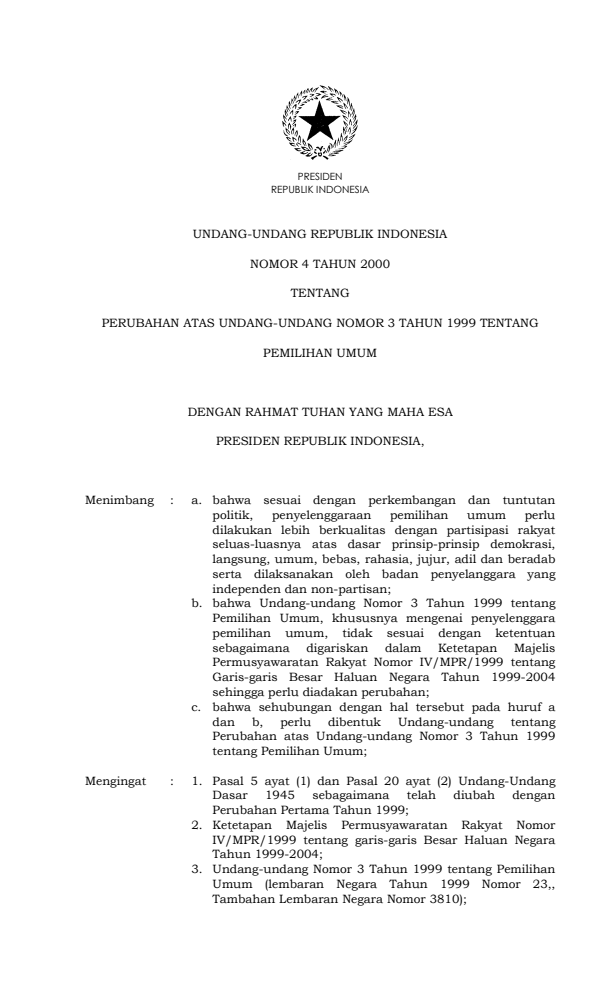 Undang-Undang Nomor 4 Tahun 2000