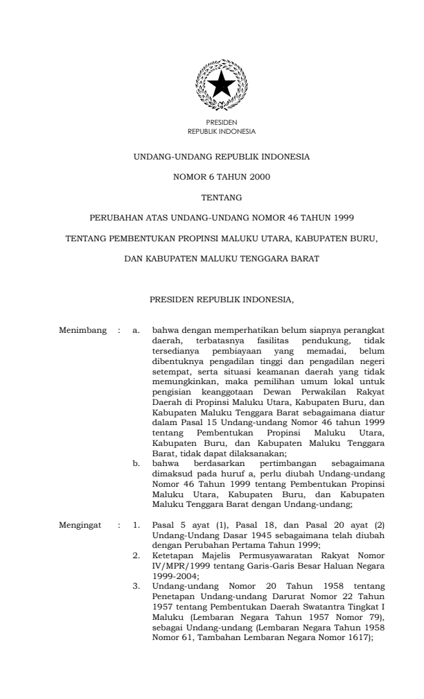 Undang-Undang Nomor 6 Tahun 2000