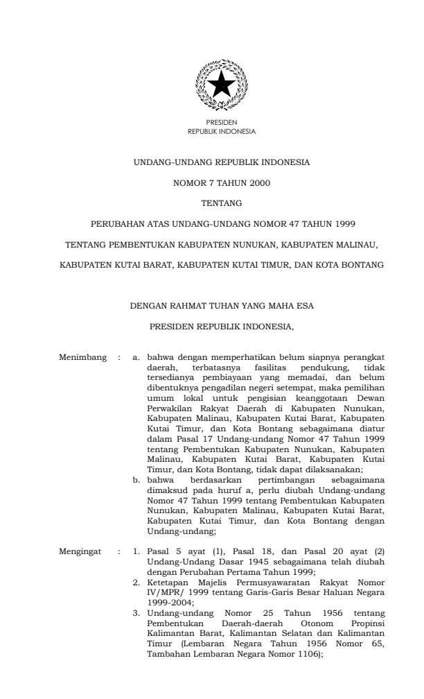 Undang-Undang Nomor 7 Tahun 2000