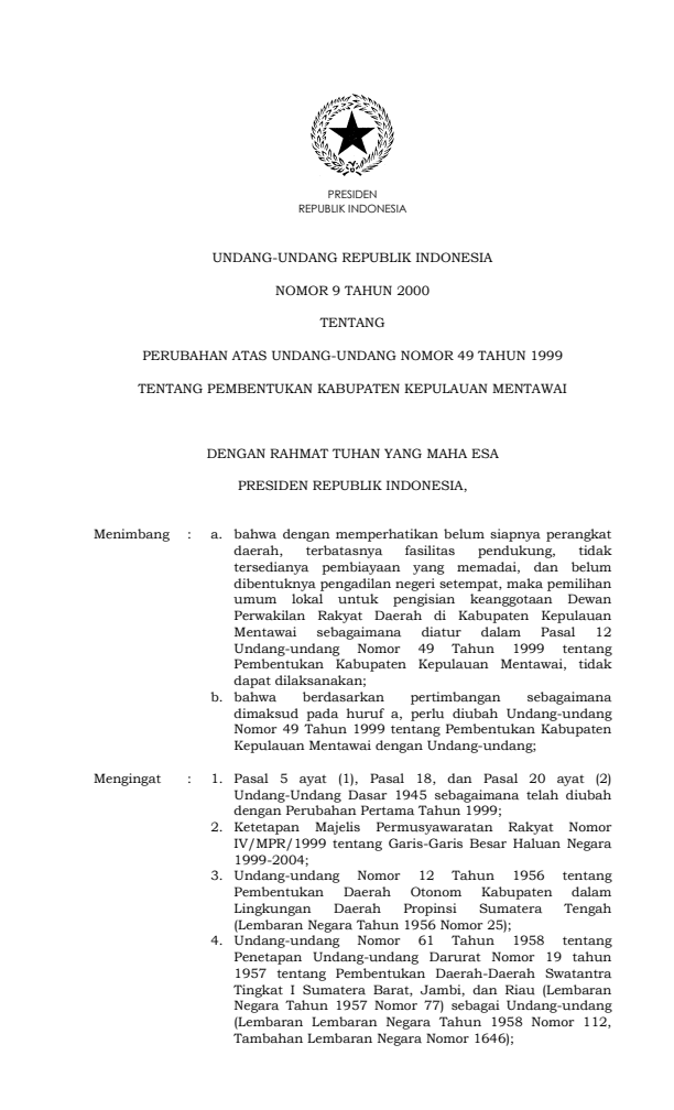 Undang-Undang Nomor 9 Tahun 2000