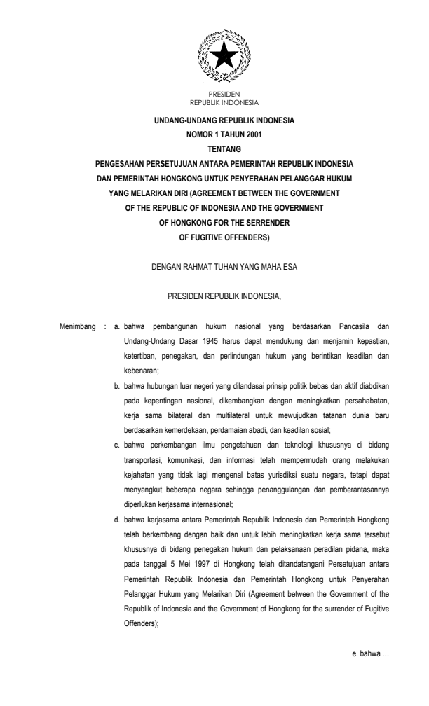 Undang-Undang Nomor 1 Tahun 2001