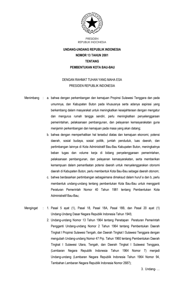 Undang-Undang Nomor 13 Tahun 2001