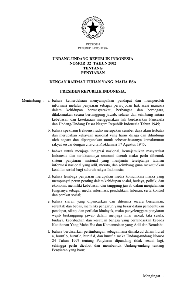 Undang-Undang Nomor 32 Tahun 2002