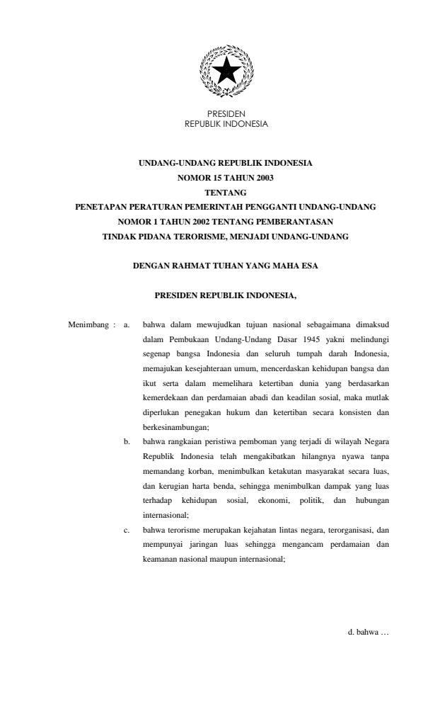 Undang-Undang Nomor 15 Tahun 2003