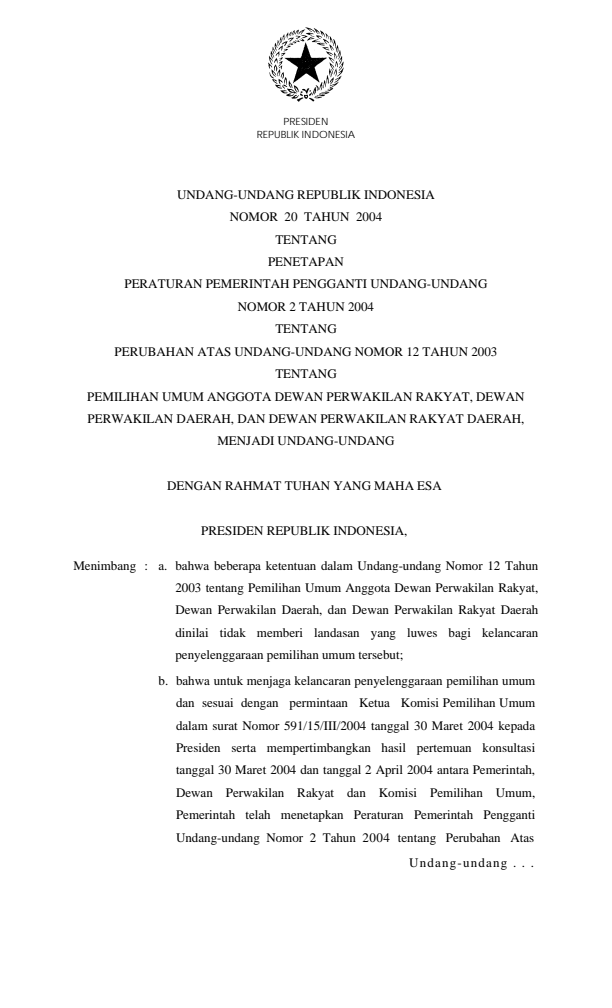 Undang-Undang Nomor 20 Tahun 2004