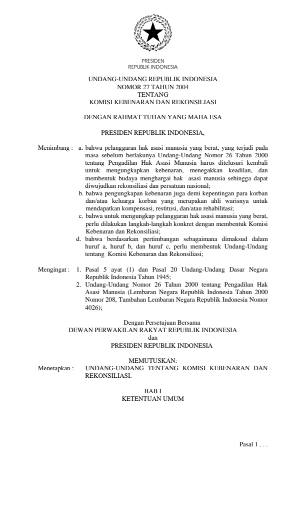 Undang-Undang Nomor 27 Tahun 2004