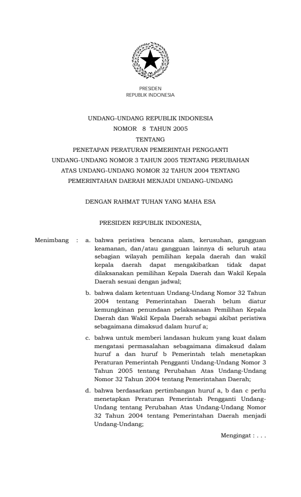 Undang-Undang Nomor 8 Tahun 2005