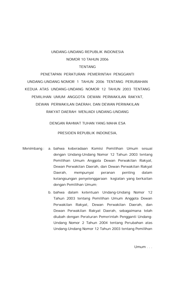 Undang-Undang Nomor 10 Tahun 2006