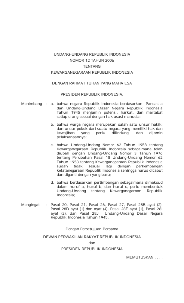 Undang-Undang Nomor 12 Tahun 2006