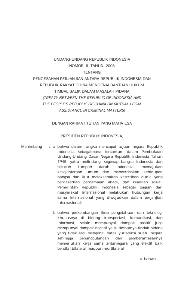 Undang-Undang Nomor 8 Tahun 2006