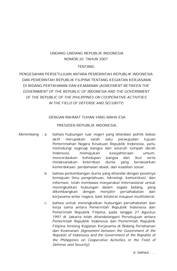 Undang-Undang Nomor 20 Tahun 2007