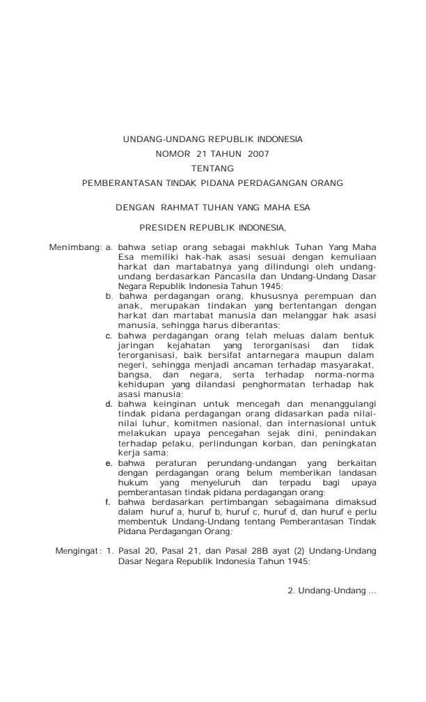 Undang-Undang Nomor 21 Tahun 2007