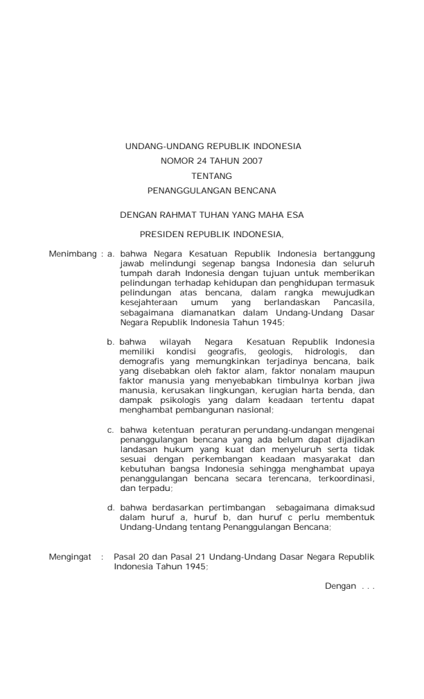 Undang-Undang Nomor 24 Tahun 2007