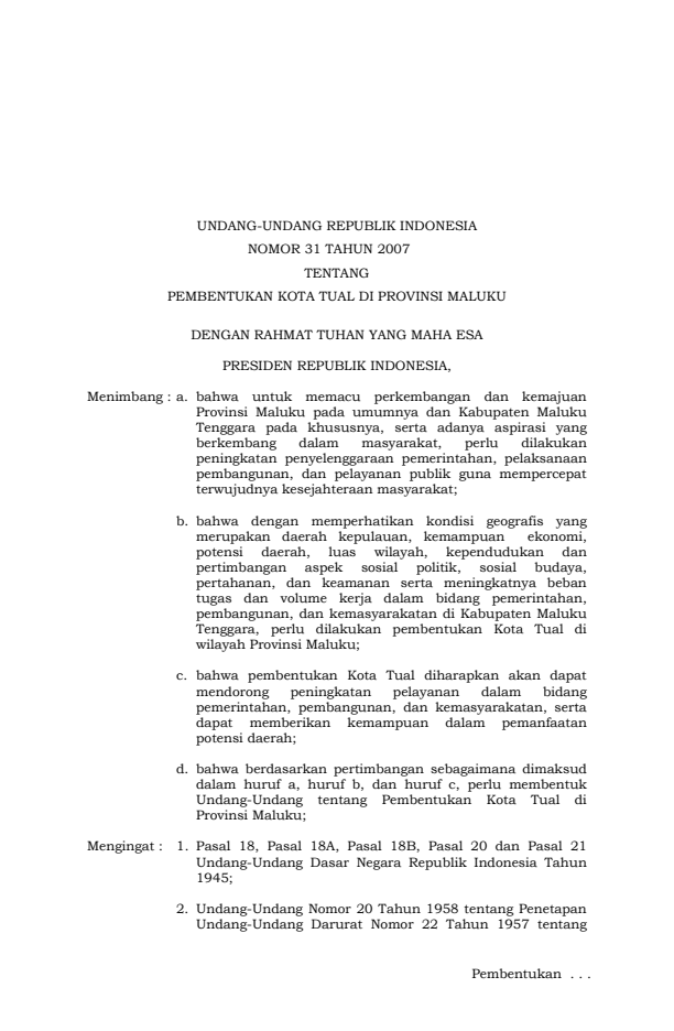 Undang-Undang Nomor 31 Tahun 2007