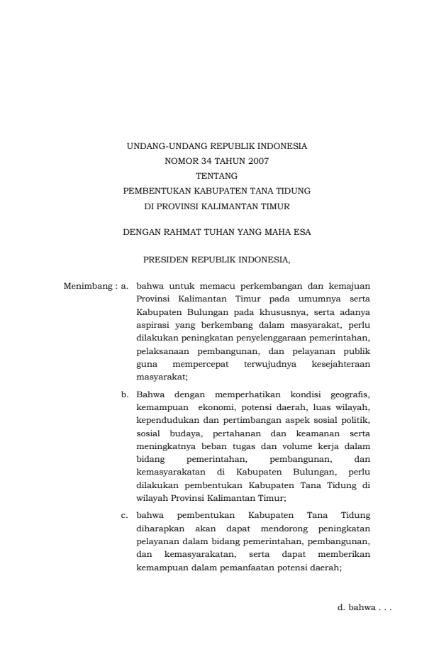 Undang-Undang Nomor 34 Tahun 2007