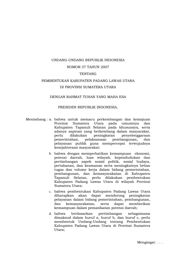 Undang-Undang Nomor 37 Tahun 2007