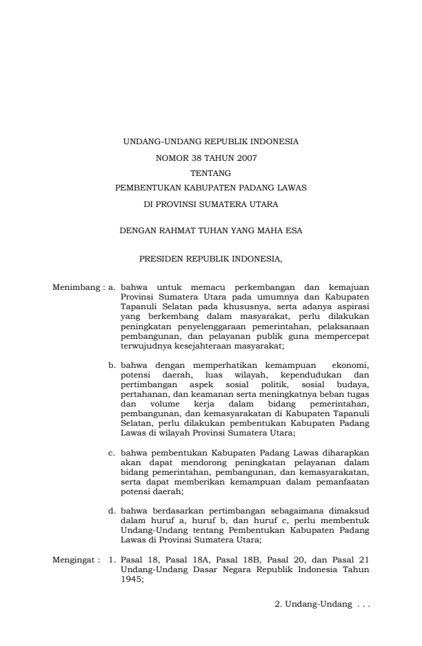 Undang-Undang Nomor 38 Tahun 2007