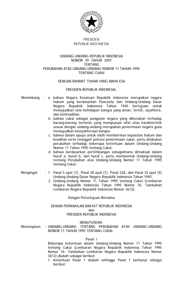 Undang-Undang Nomor 39 Tahun 2007