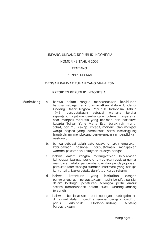 Undang-Undang Nomor 43 Tahun 2007