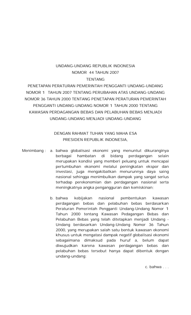 Undang-Undang Nomor 44 Tahun 2007