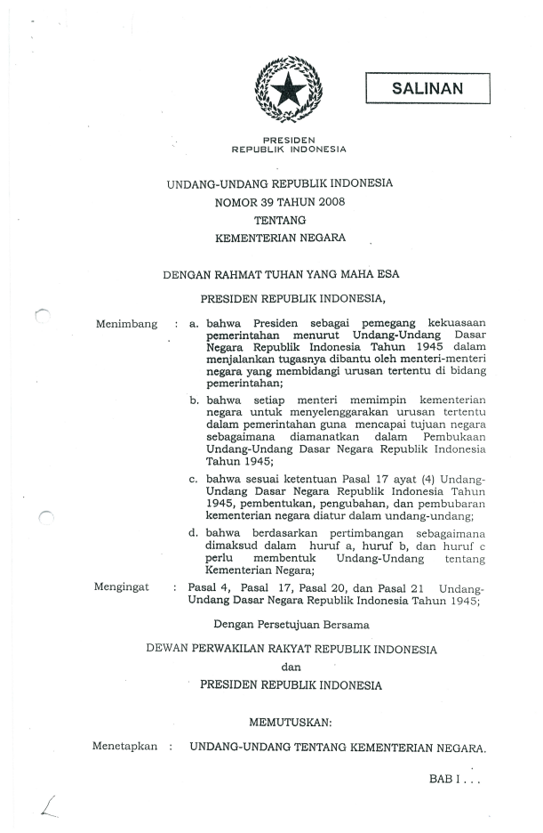 Undang-Undang Nomor 39 Tahun 2008