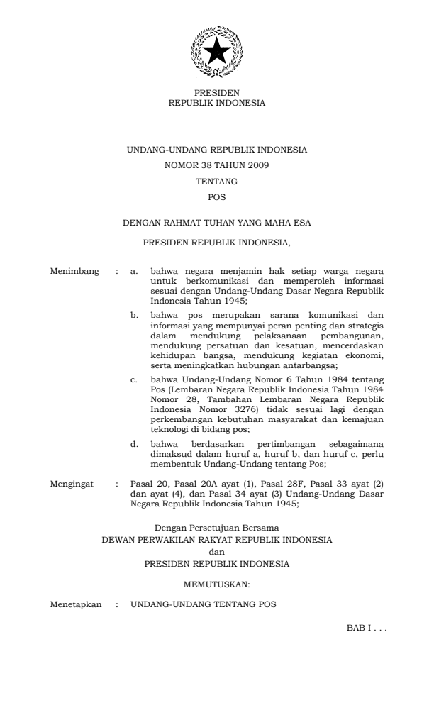 Undang-Undang Nomor 38 Tahun 2009