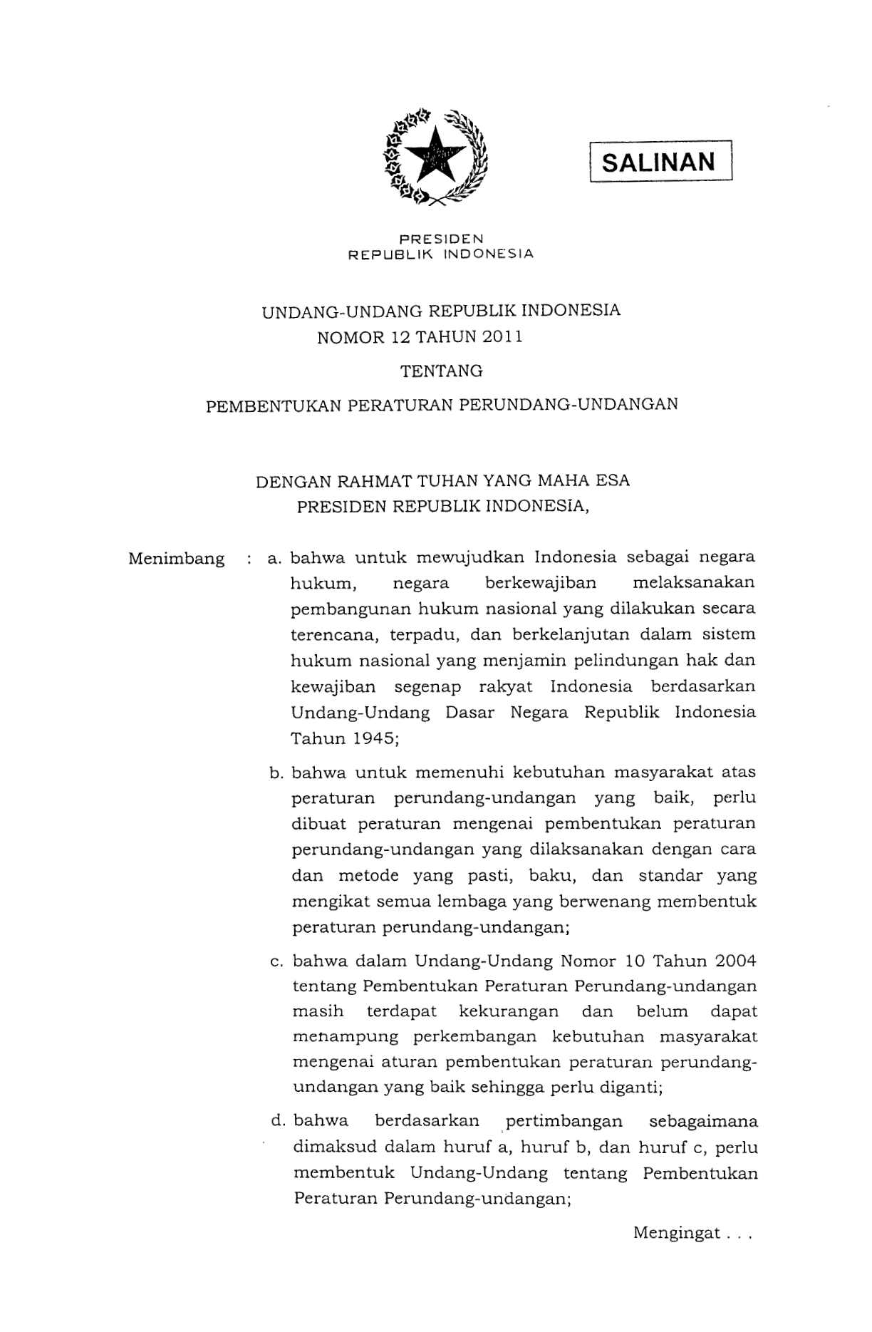 Undang-Undang Nomor 12 Tahun 2011