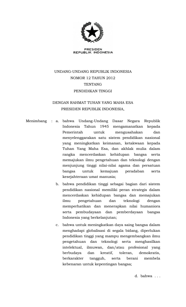 Undang-Undang Nomor 12 Tahun 2012