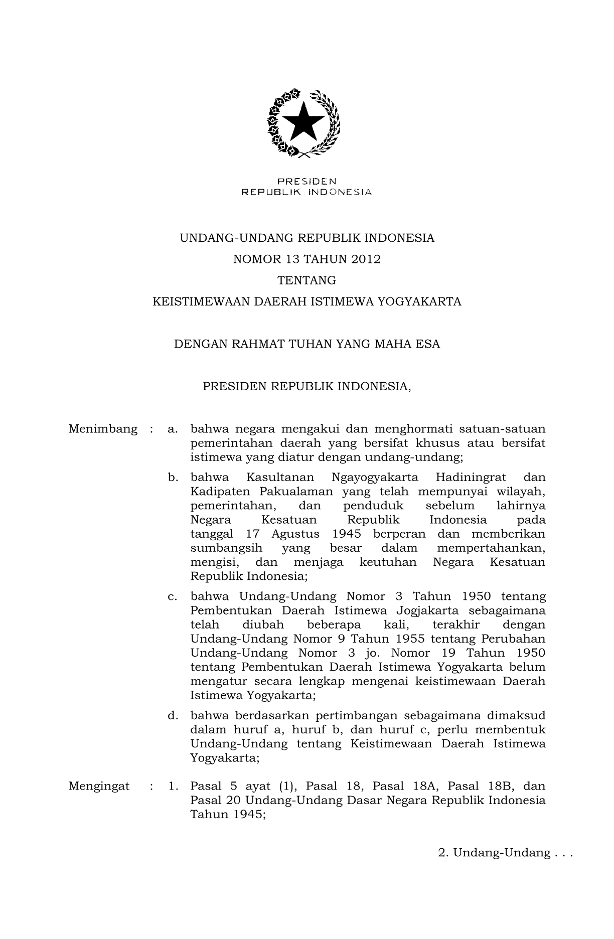 Undang-Undang Nomor 13 Tahun 2012