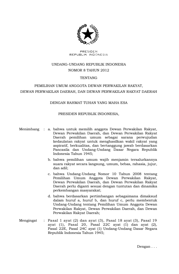 Undang-Undang Nomor 8 Tahun 2012