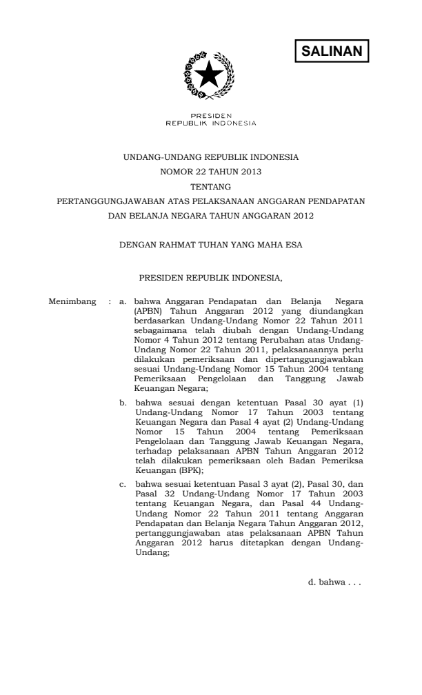 Undang-Undang Nomor 22 Tahun 2013