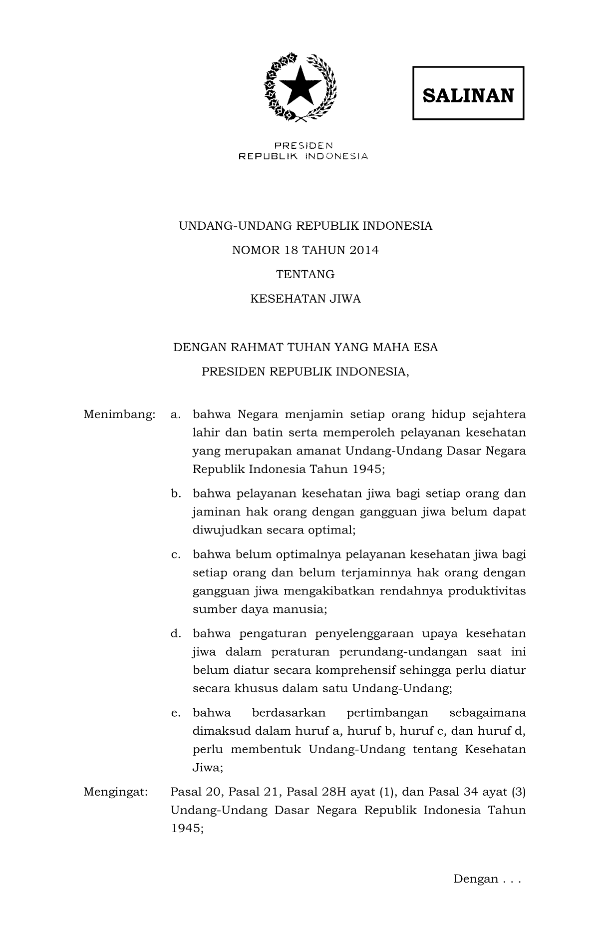 Undang-Undang Nomor 18 Tahun 2014