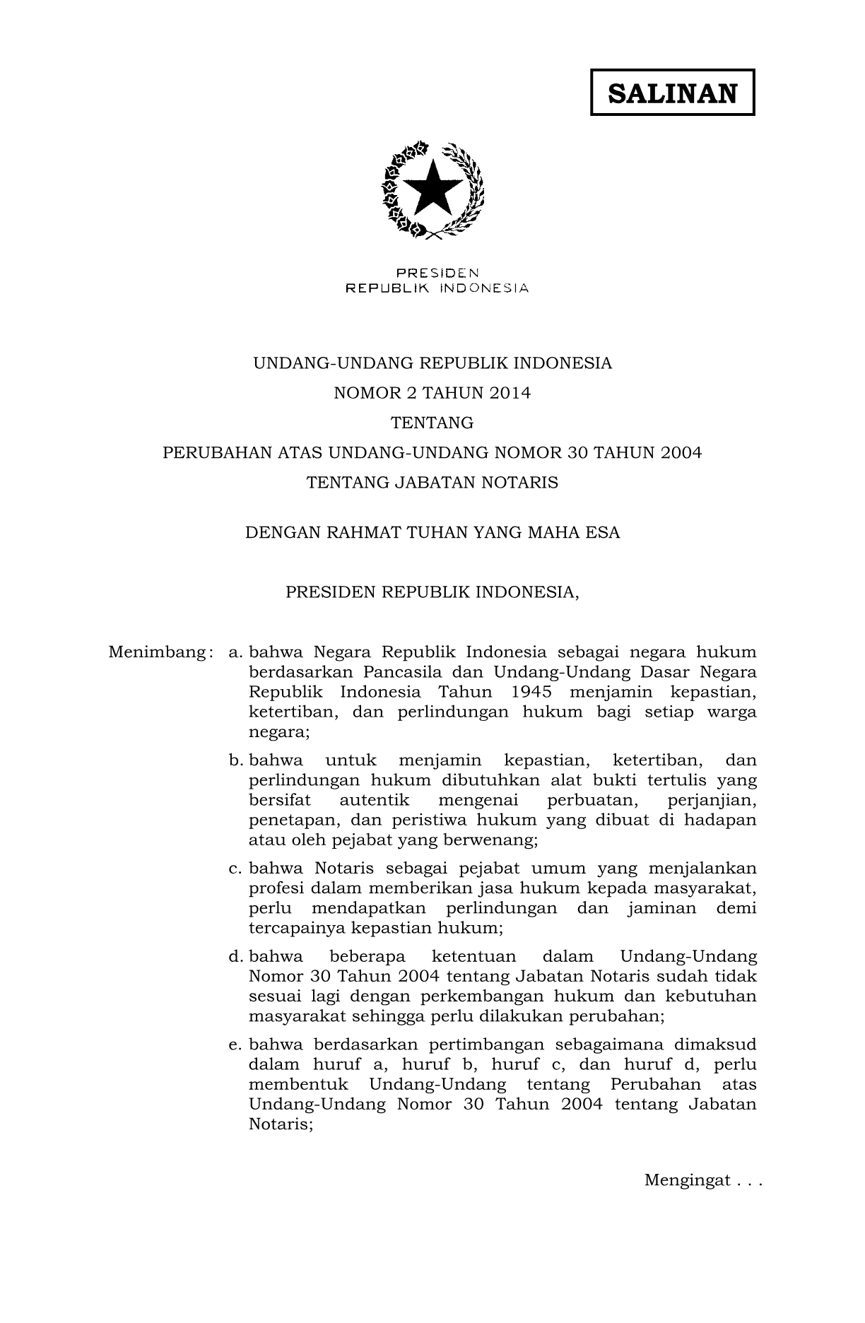 Undang-Undang Nomor 2 Tahun 2014