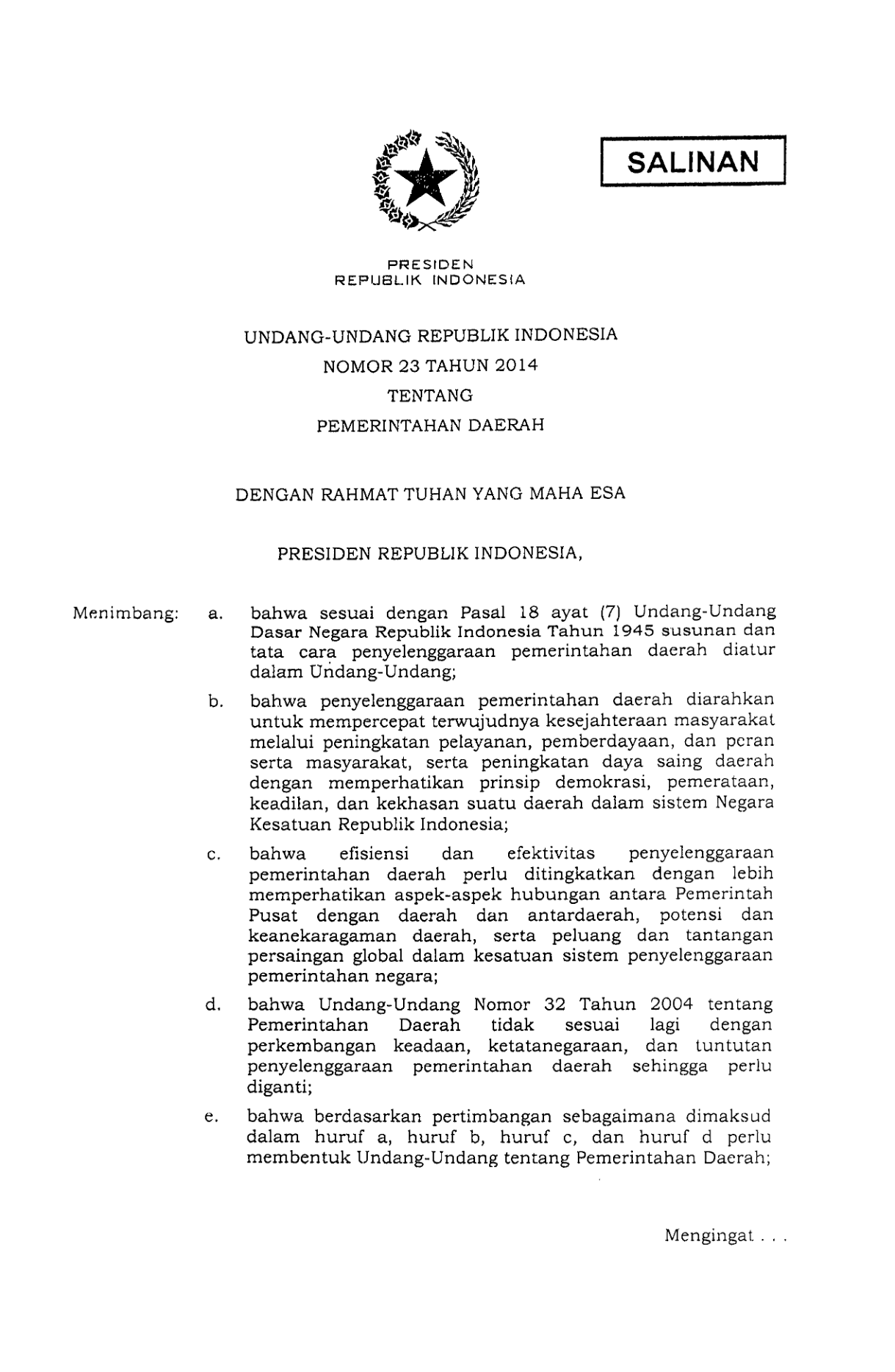 Undang-Undang Nomor 23 Tahun 2014